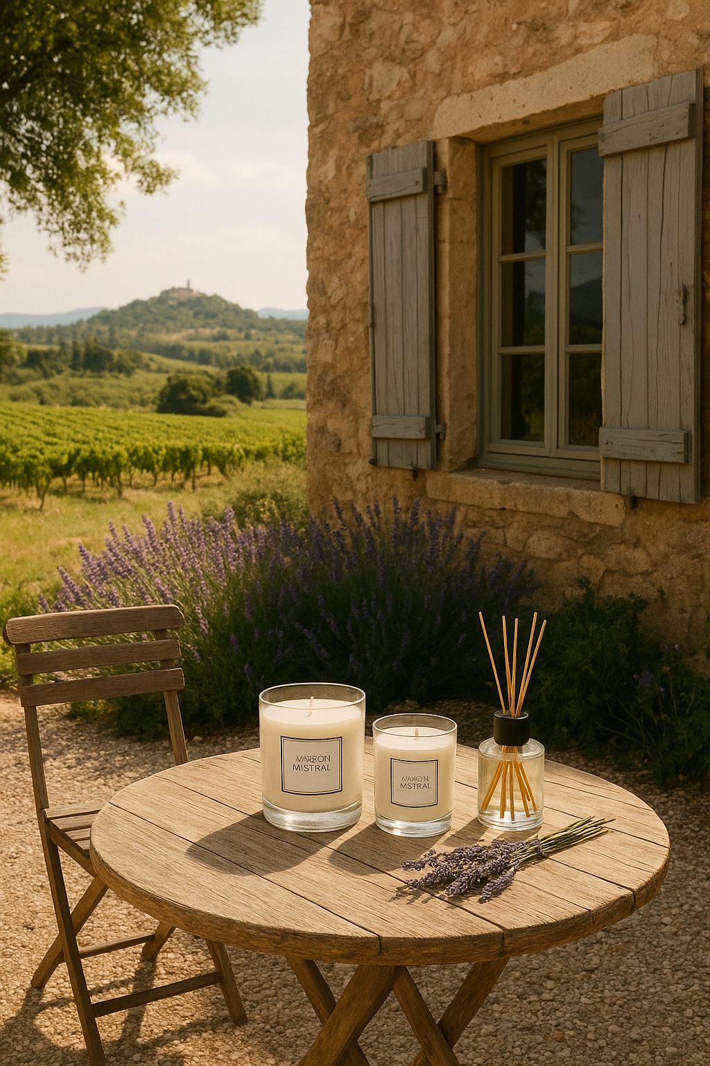 Outdoor table with candles and diffuser in French countryside